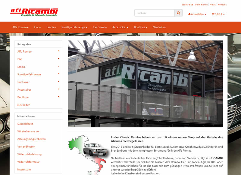 Startseite vom afl-ricambi Shop